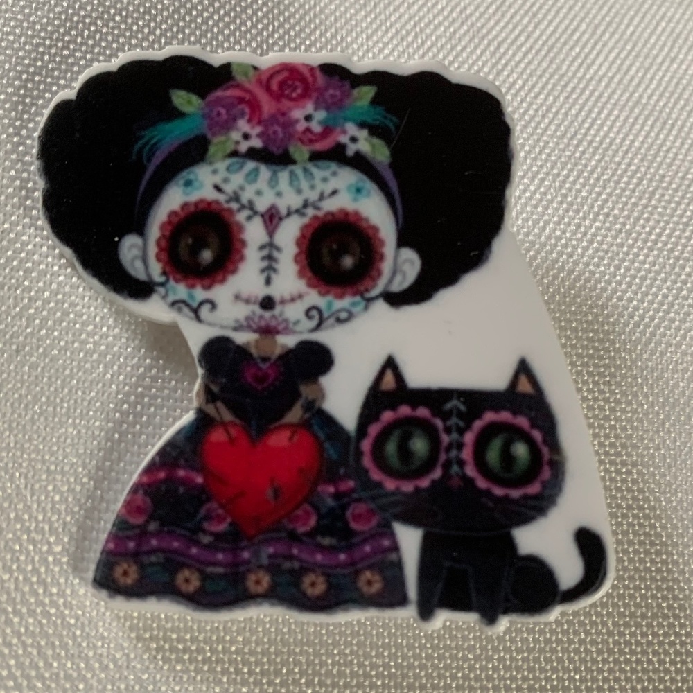 NWT. Handmade Day of the Dead Woman and Cat Pin Brooch!